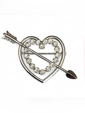 Krementz RARE Vintage Signed Rhinestone Heart  & Arrow Brooch 2” Silver Tone 70s